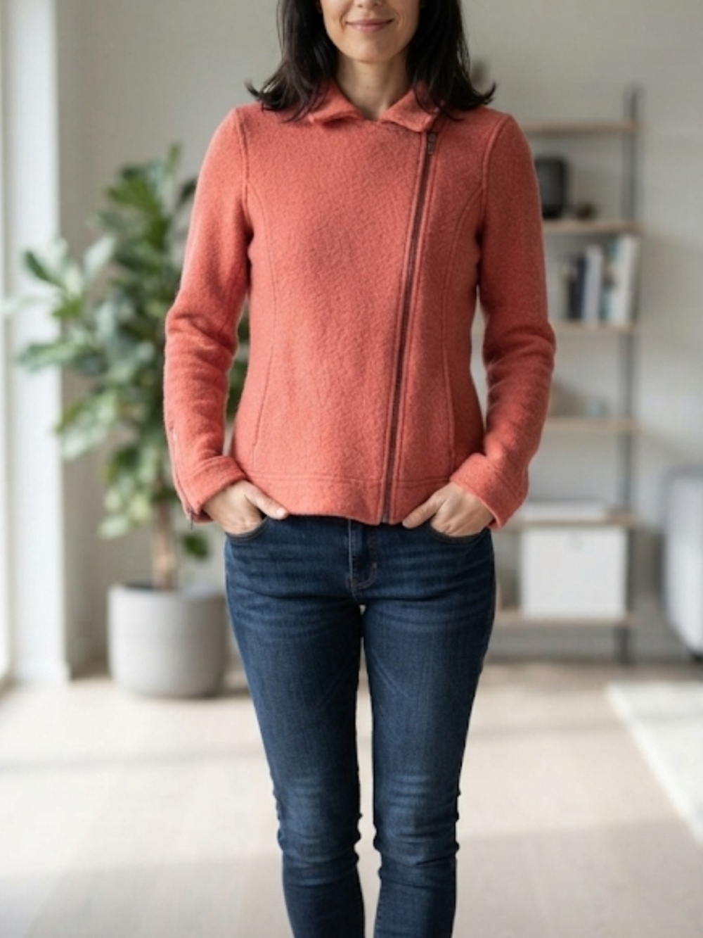 Tahari Coral Boiled Wool Asymmetrical Zip Moto Jacket Size S